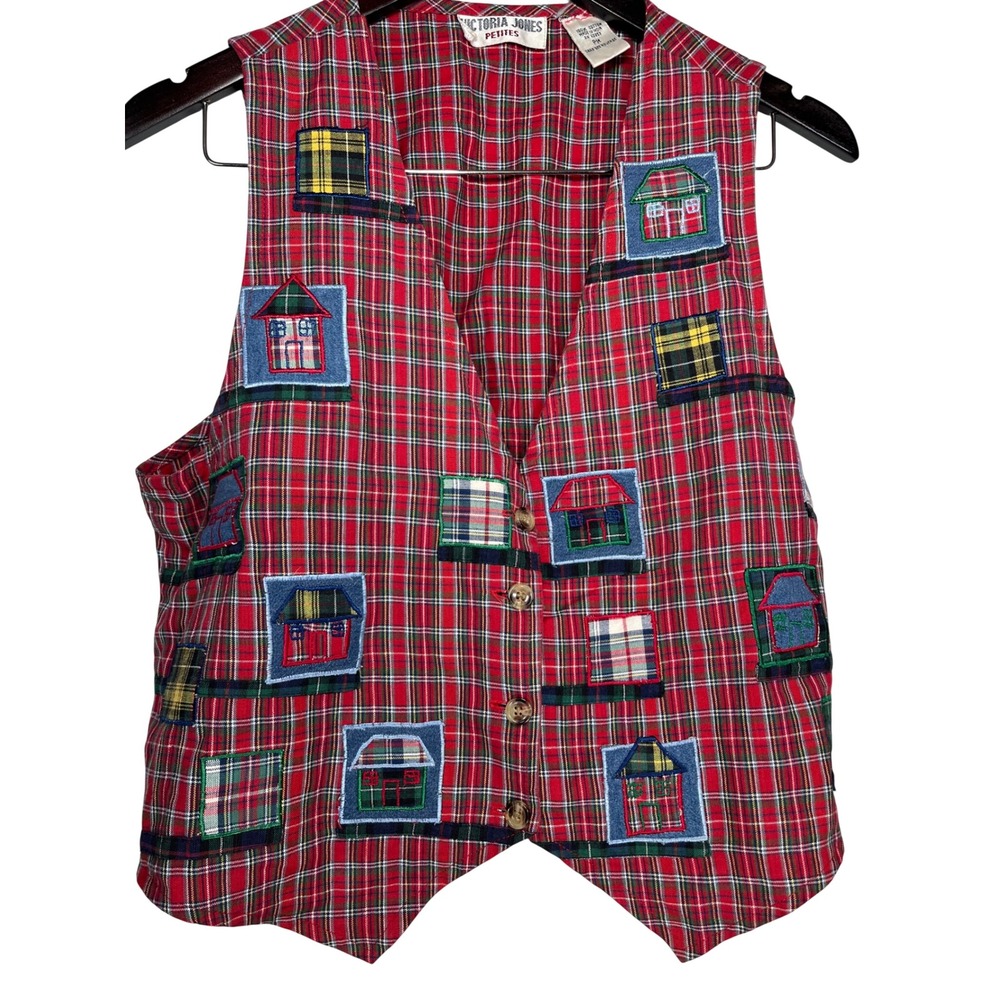 Victoria Jones Cottagecore Red Plaid House Applique Vest‎ PM Petites
